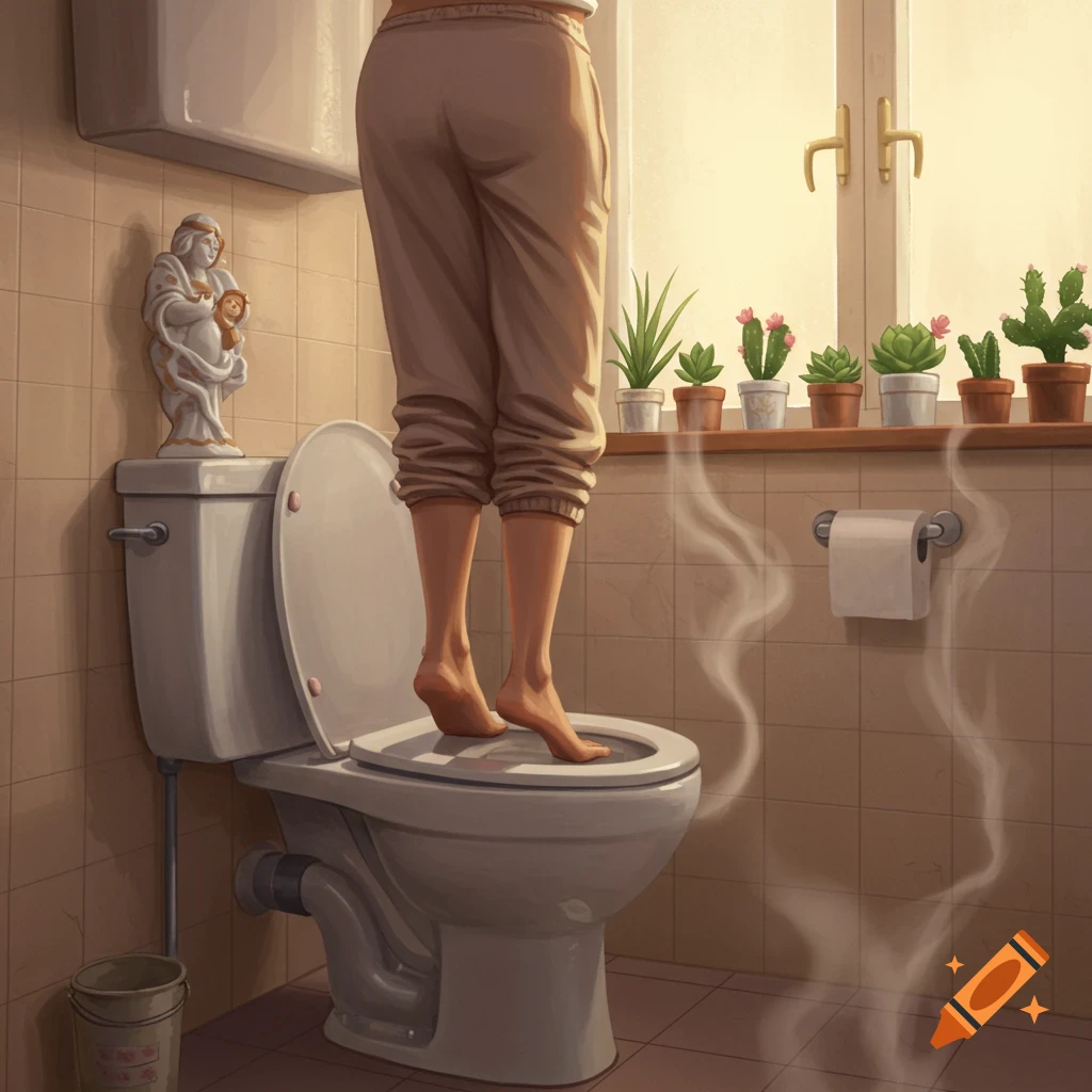 A person stands with bare feet on the toilet seat in a bathroom, with potted plants on the window sill.