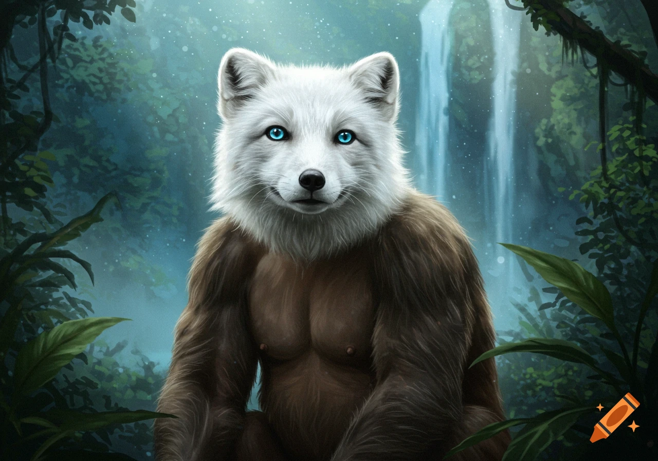 An arctic fox with blue eyes on a muscular chimpanzee-like body sits in a lush jungle with a waterfall.