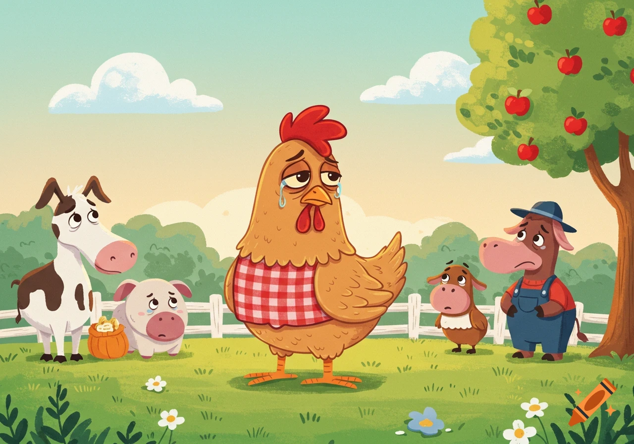 A sad cartoon chicken in a red plaid shirt cries in a grassy field with other farm animals and an apple tree.