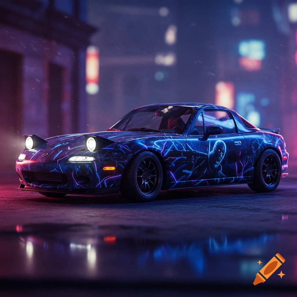 A 1996 Mazda Miata with a neon blue and purple lightning wrap featuring a monster character, on a wet cyberpunk city street at night.