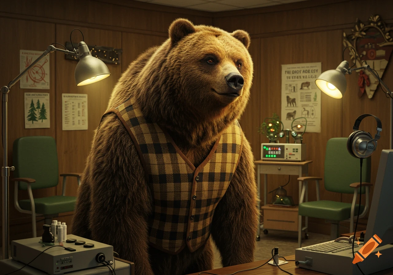 A photorealistic grizzly bear in a plaid vest stands in an office with a desk and equipment, possibly for a hearing test.