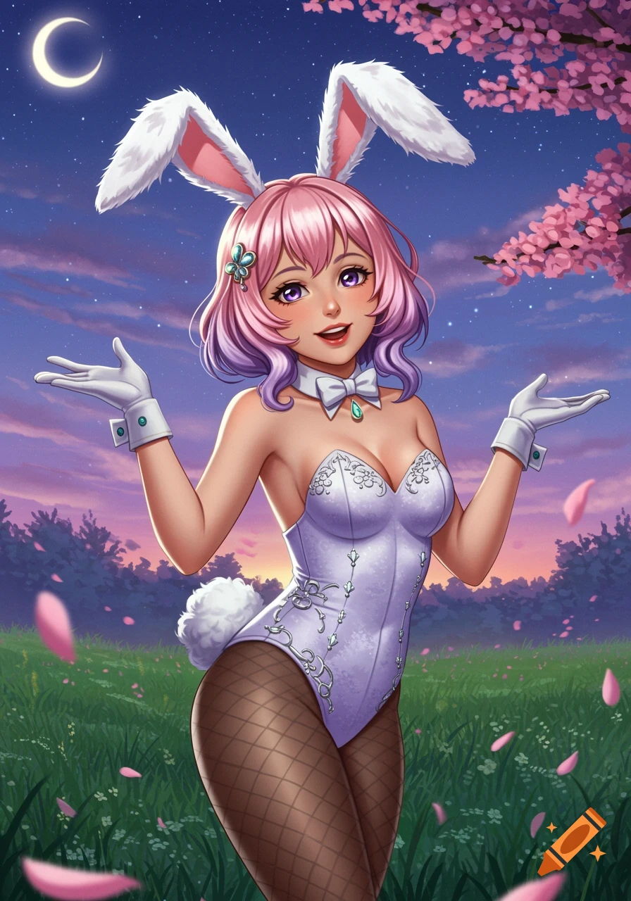 A pink-haired anime girl in a white bunny suit with fishnet stockings and bunny ears in a moonlit field with cherry blossoms.
