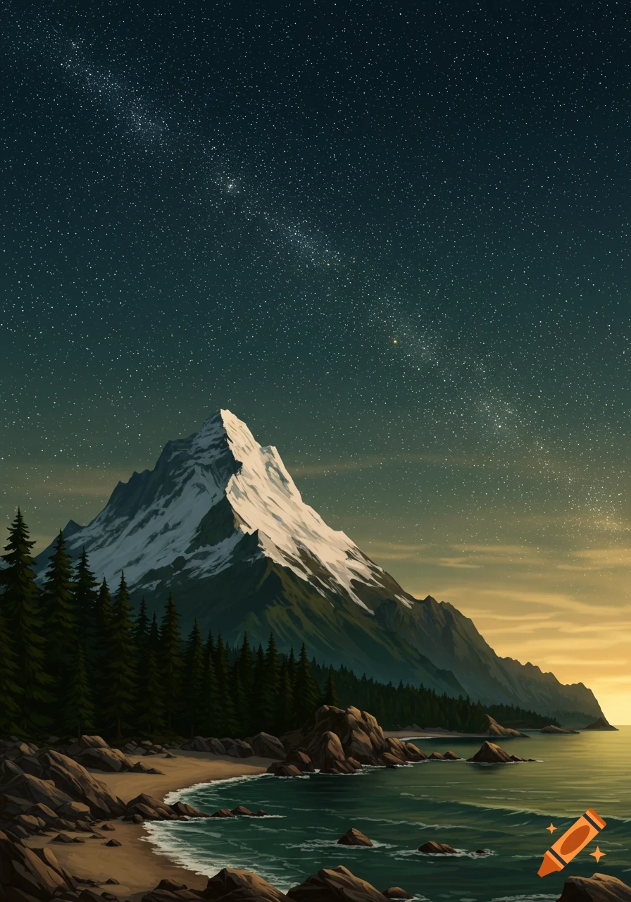 An epic landscape showing a snow-capped mountain, evergreen forest, and rocky beach by the sea under a starry night sky.