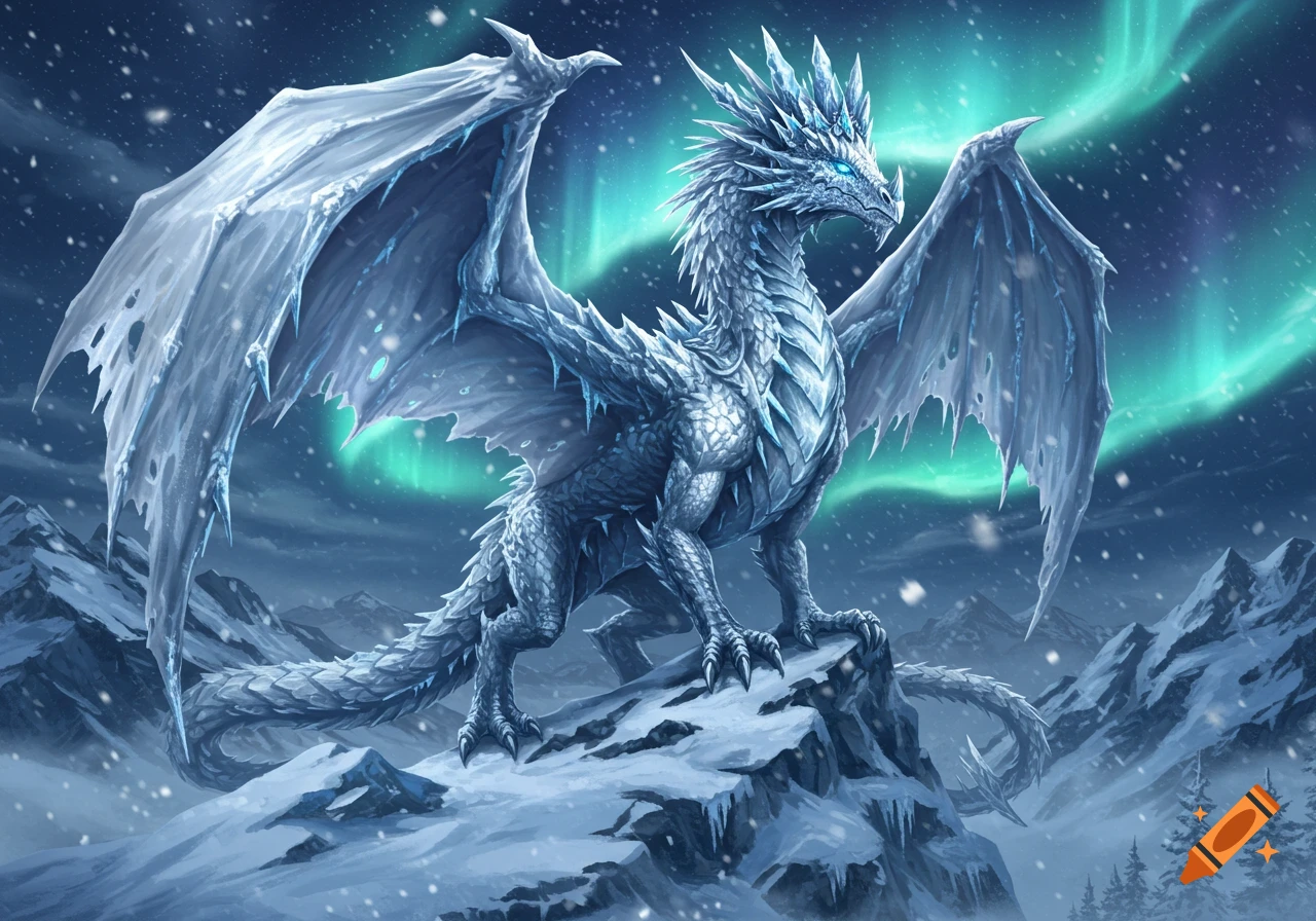 A majestic ice dragon with shimmering scales and glowing blue eyes perched on a snowy mountain under a sky with green auroras.