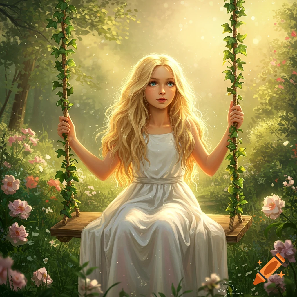 Blonde girl on a swing in a sunny, flower-filled forest in a dreamy illustration style.