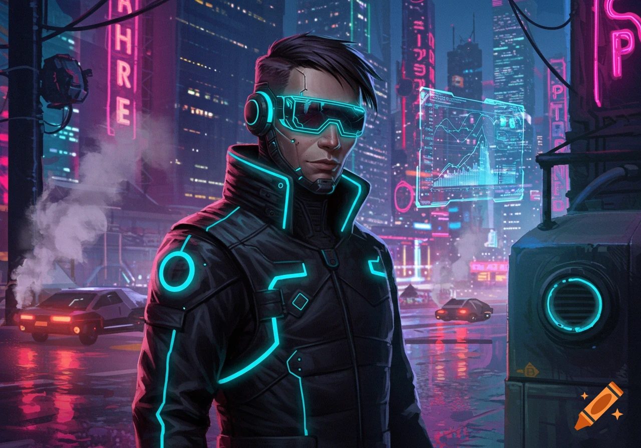 A man in a futuristic black jacket with glowing blue accents and goggles stands in a neon-lit cyberpunk city.