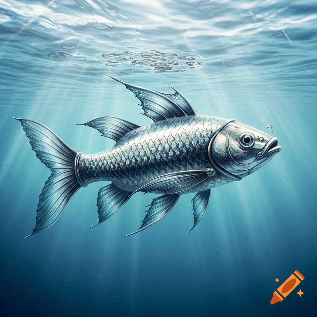 A shiny, stylized silver fish with intricate scales and fins swims underwater, illuminated by sun rays from above.