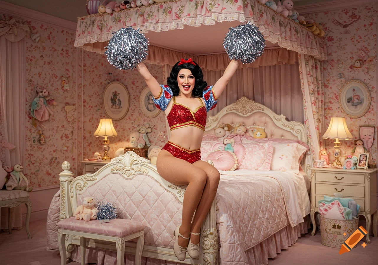 Photorealistic image of a performer dressed as Snow White in a red sequined bikini with blue sleeves, holding silver pom-poms while sitting on a large, ornate bed in a pink, flowery bedroom.