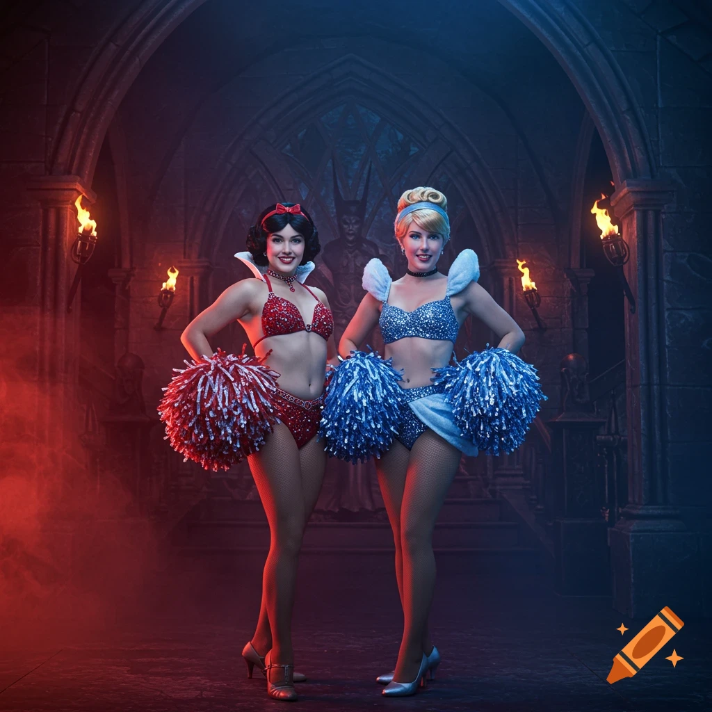 Two women dressed as Snow White and Cinderella in bikinis and cheerleader outfits, holding pom-poms in a dark, gothic lair.