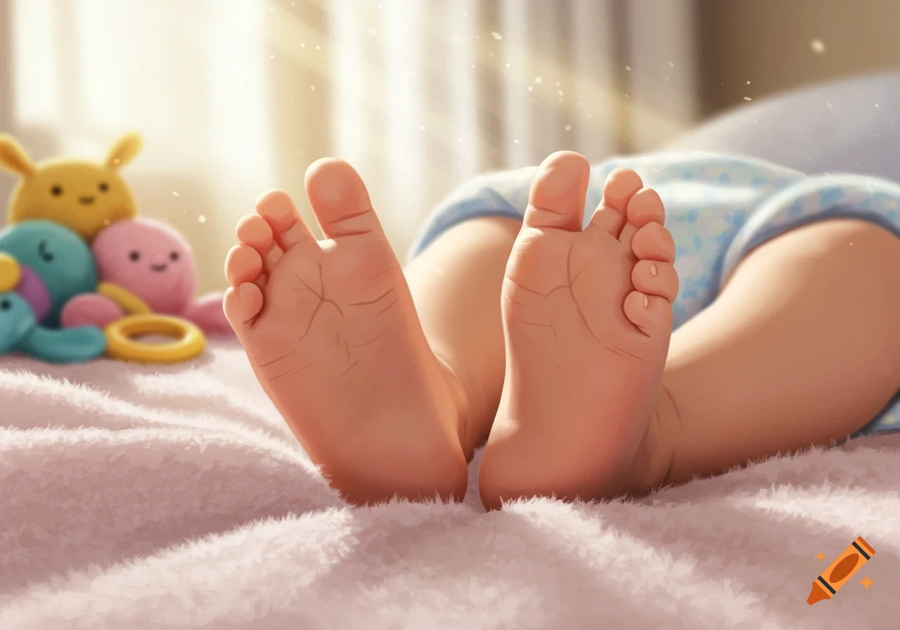 Close-up of a baby's feet resting on a pink fuzzy blanket, with colorful blurred toys in the background.