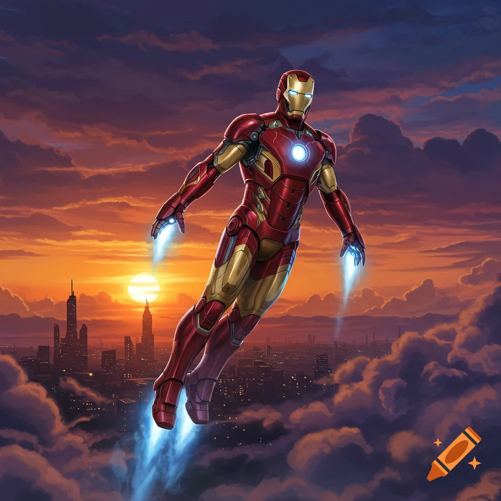 Iron Man flying above a city skyline through clouds at sunset, in a comic book illustration style.