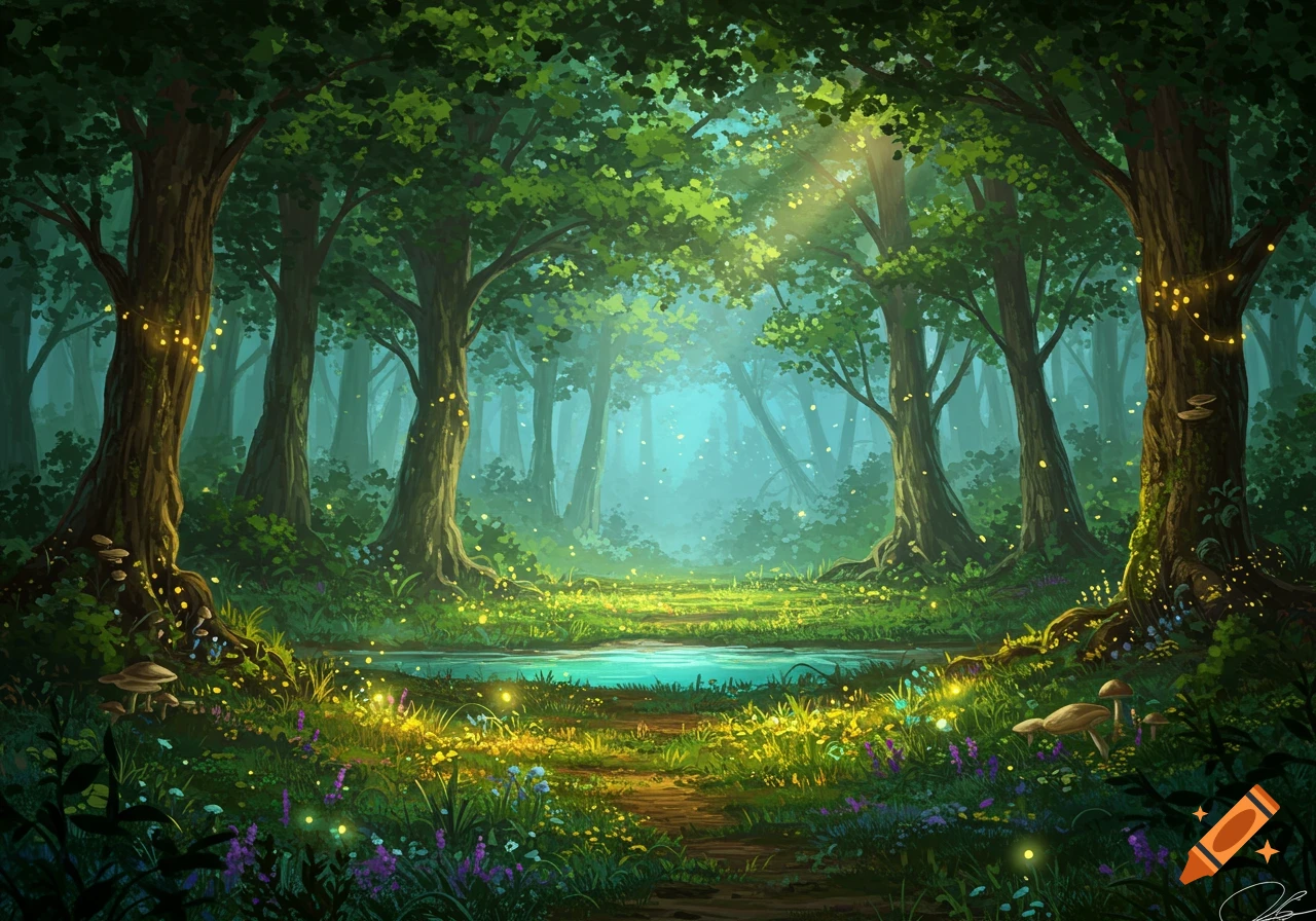 An illustrative fantasy forest with glowing lights, tall trees, a small pond, and a path leading into a misty, sunlit clearing.