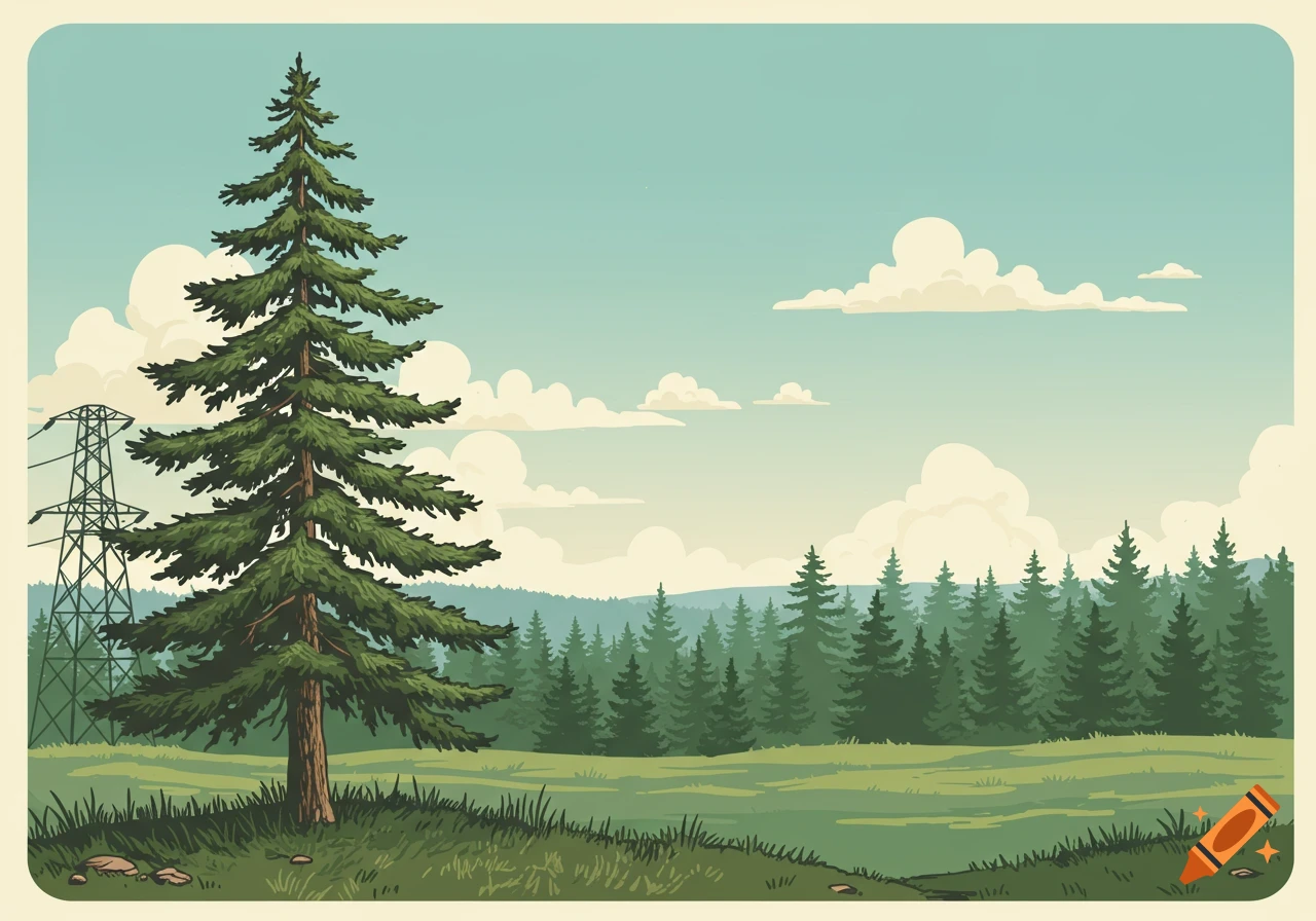 Vintage vector illustration of a forest landscape with a large pine tree in the foreground, distant pine trees, green grass, a blue sky with puffy clouds, and power lines on the left.