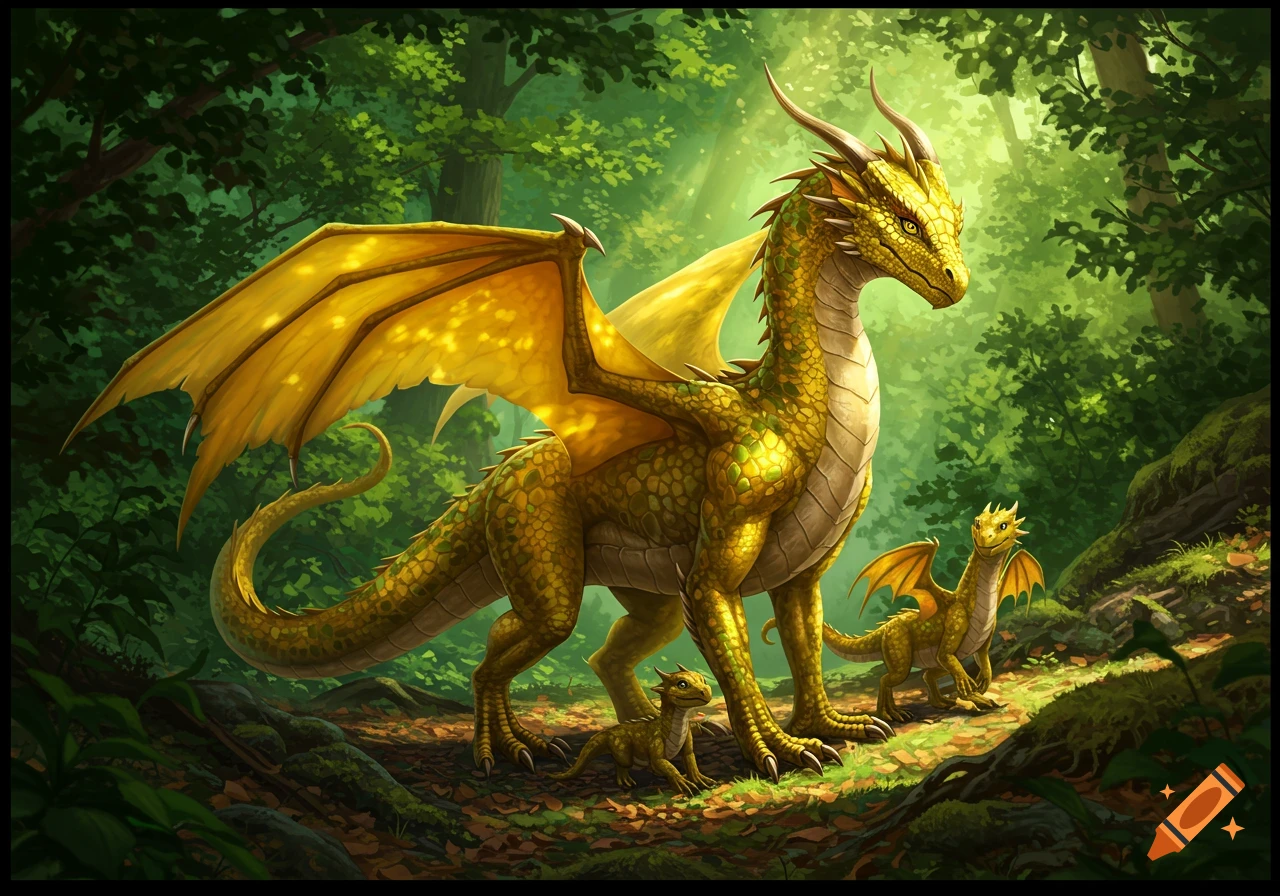 A large golden-green dragon stands protectively with two smaller dragon babies in a sunlit, vibrant green forest.