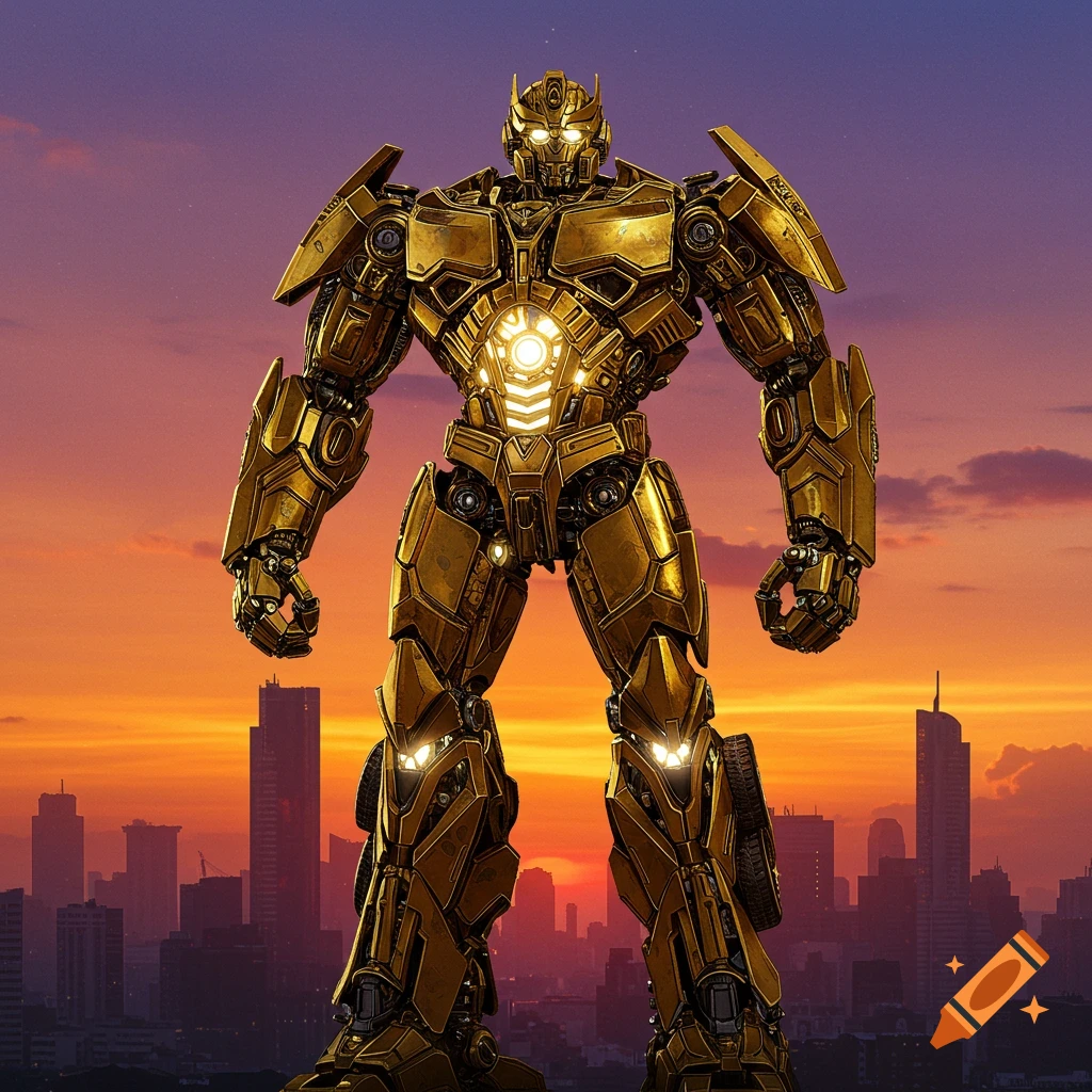 A large golden robot resembling a transformer stands overlooking a city skyline at sunset.