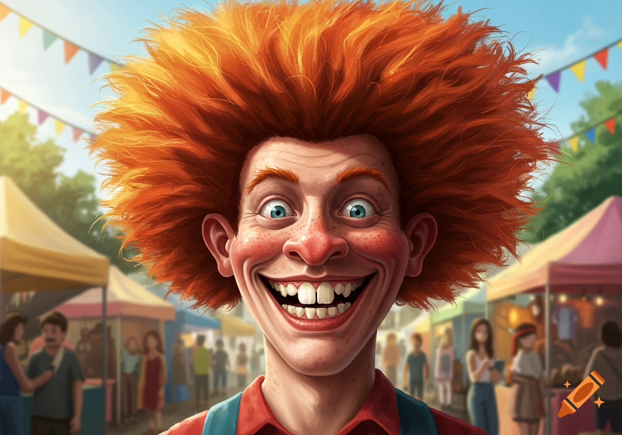 A cartoonish man with wild orange hair, freckles, and a wide, toothy grin stands at a sunny outdoor fair.