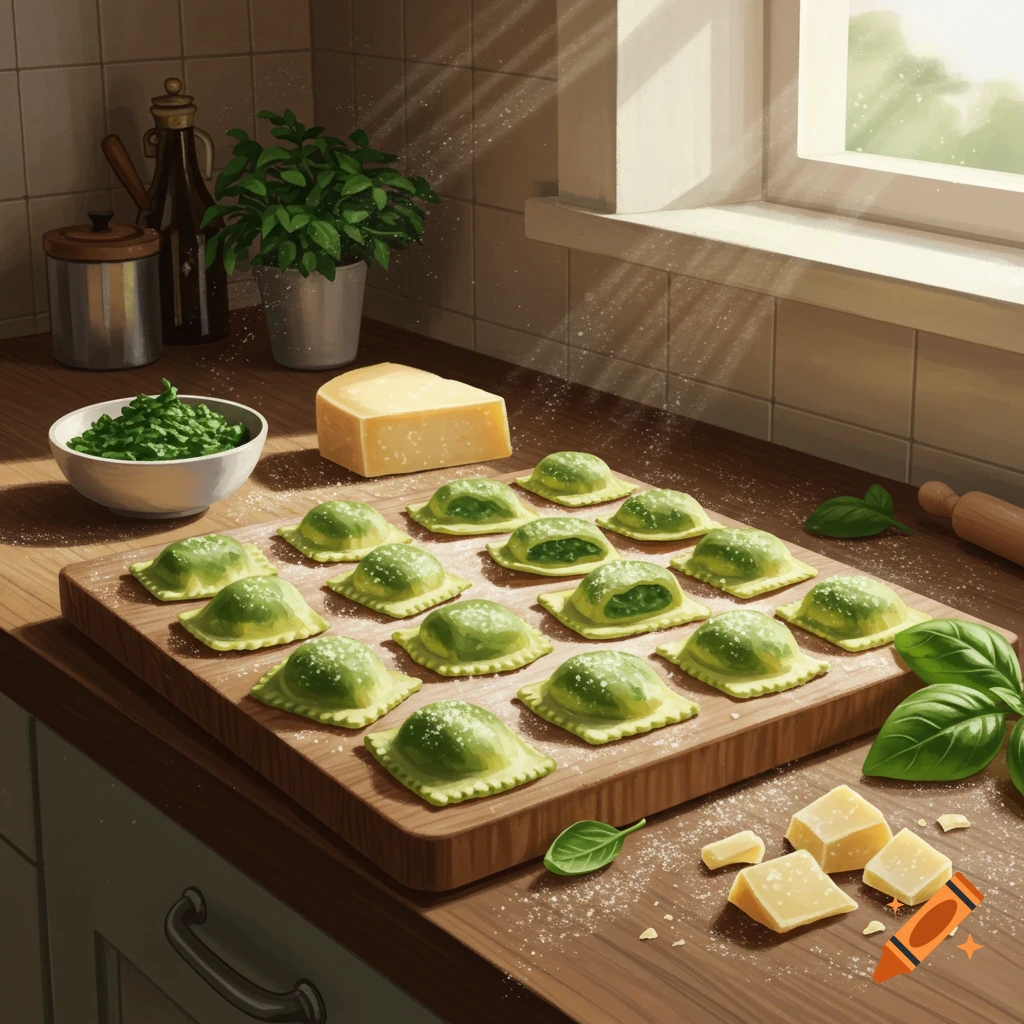 Uncooked spinach and ricotta ravioli on a wooden board in a sunlit kitchen, alongside cheese, basil, and a bowl of greens.