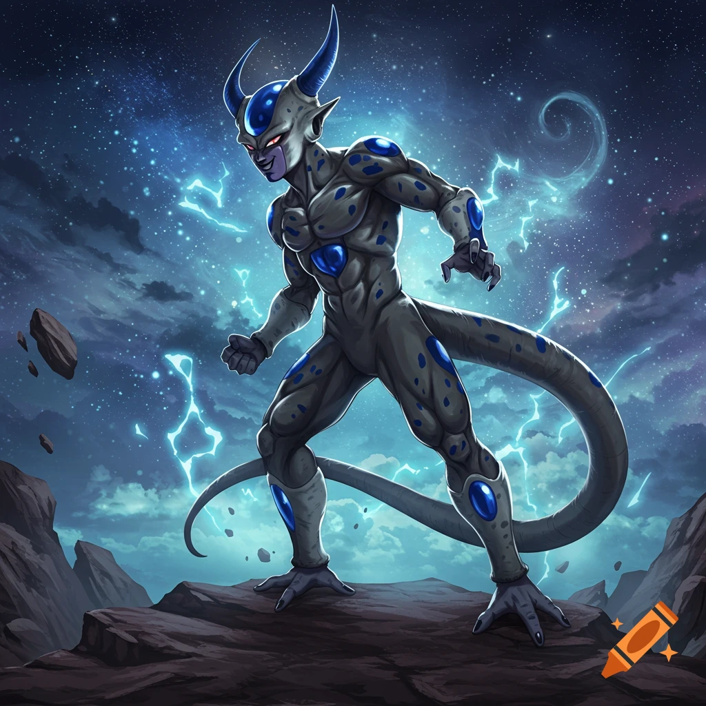 An intimidating Frieza-like character with horns and blue spots stands on a rocky terrain with lightning and stars in the background.
