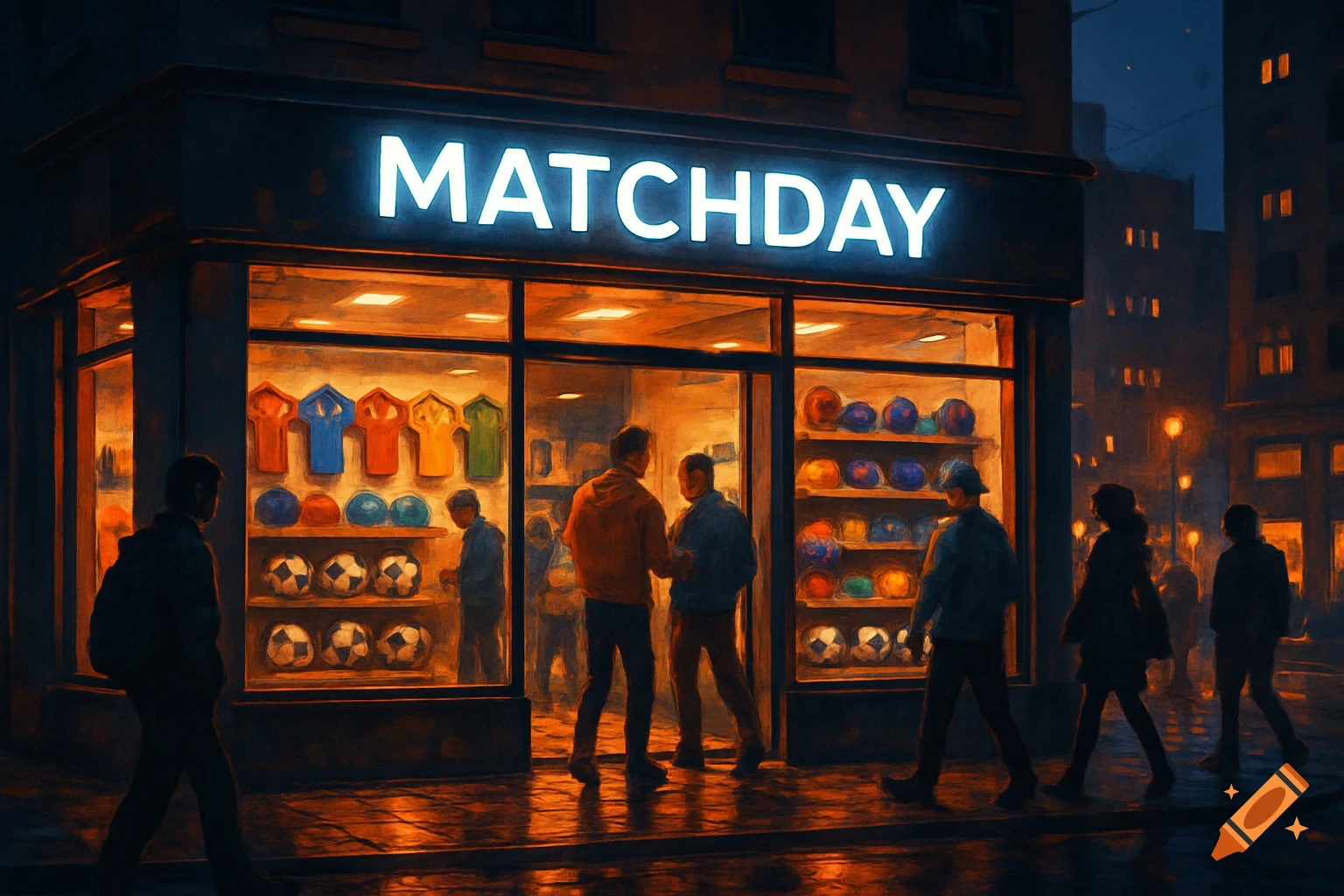 Painterly image of a 'MATCHDAY' sports shop at night, displaying footballs and jerseys, with people walking on the wet street.