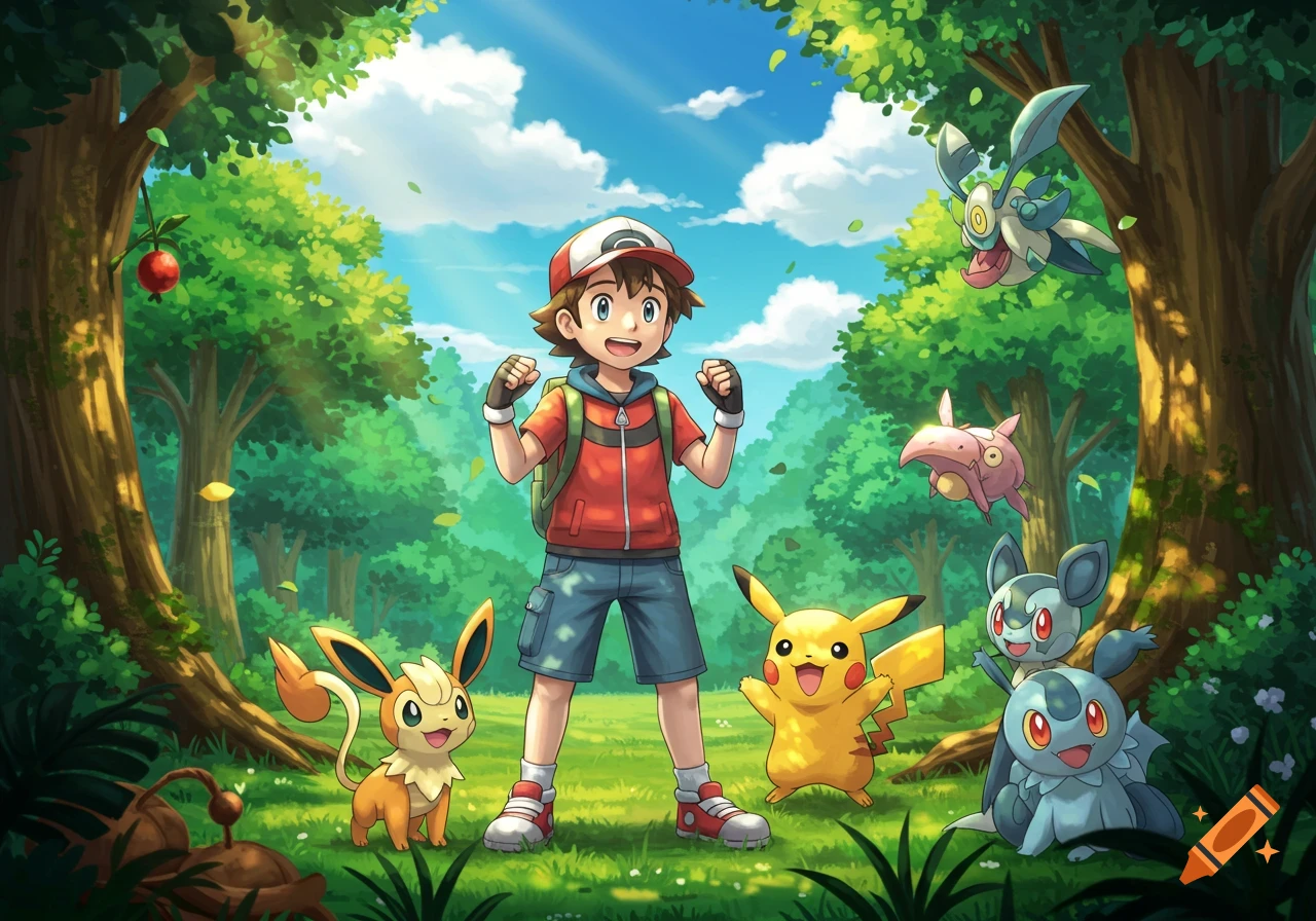 A boy in a red hat and jacket stands in a lush green forest surrounded by various cheerful Pokemon like Pikachu and Leafeon, in an anime style.