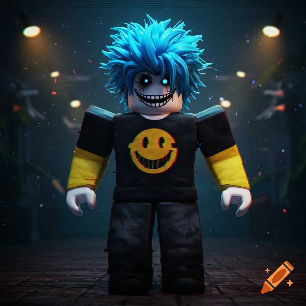 A creepy Roblox character with blue spiky hair and a black shirt with a yellow glitchy smiley face, standing in a dark, spooky setting.