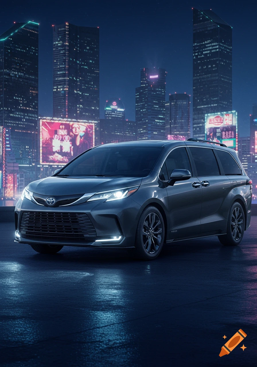 A dark gray Toyota Sienna minivan is parked on a wet street at night, with a brightly lit cyberpunk city skyline in the background.