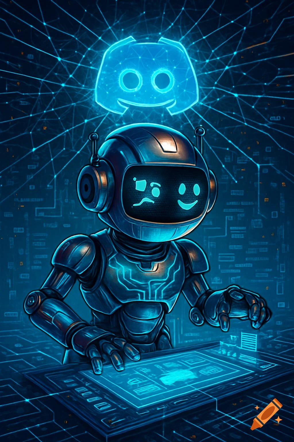 A blue robot with a winking and smiling screen face interacts with a glowing digital interface, with a large Discord logo above it.