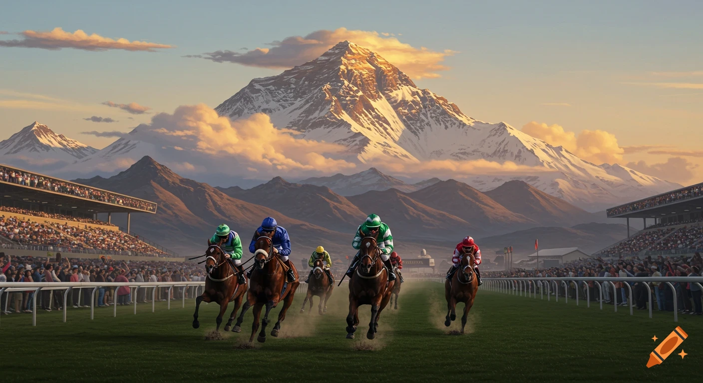 Jockeys race horses on a grassy track towards the viewer, with a large stadium and snow-capped mountains under a warm sky.