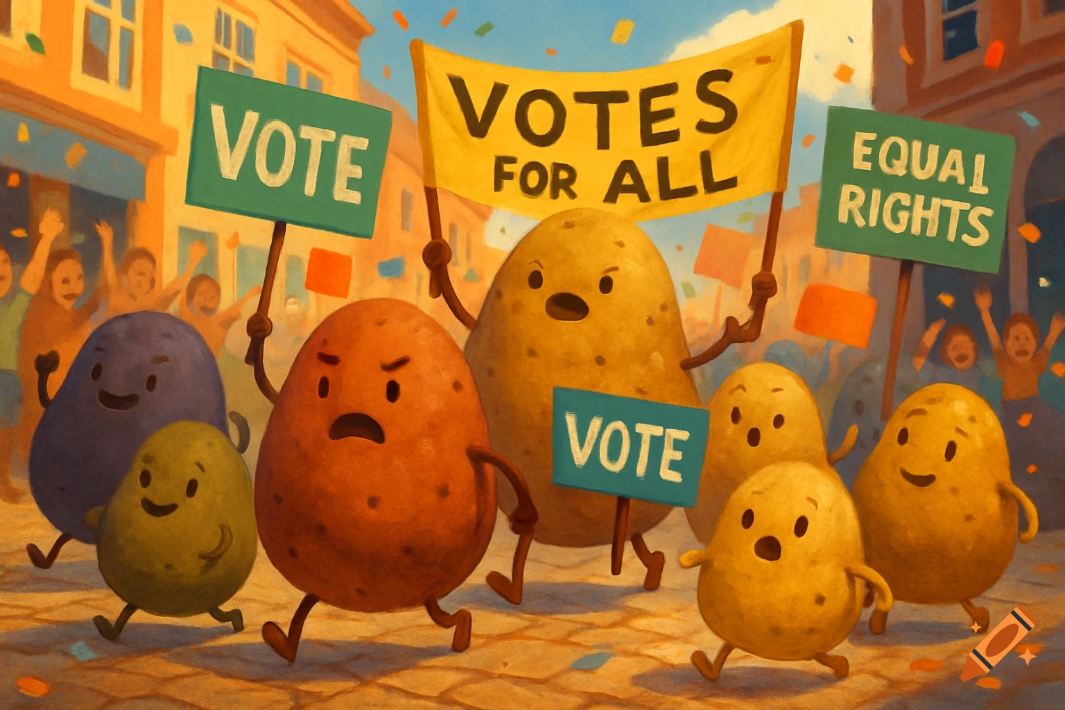 A group of cartoon potatoes with arms and legs march down a street, holding protest signs that read 'VOTE', 'VOTES FOR ALL', and 'EQUAL RIGHTS'. Confetti falls around them, and people cheer in the background.
