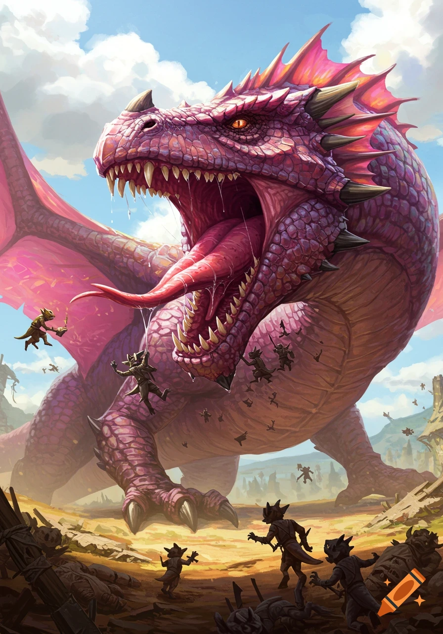 A massive, detailed pink and purple dragon with glowing eyes and sharp teeth roars, its long tongue extended, as it devours tiny, fleeing kobolds in a ruined landscape under a bright sky.