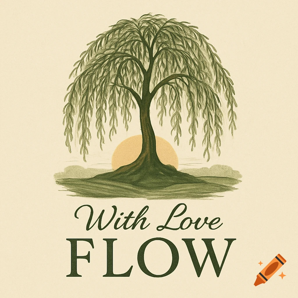 Stylized illustration of a willow tree with a sun behind it, above the words 'With Love FLOW' on a light background.