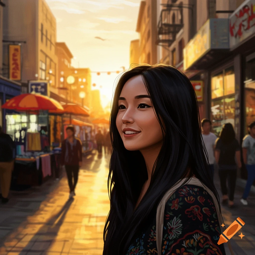 A young woman with long black hair smiles, looking to the side, standing on a bustling city street with market stalls at sunset.