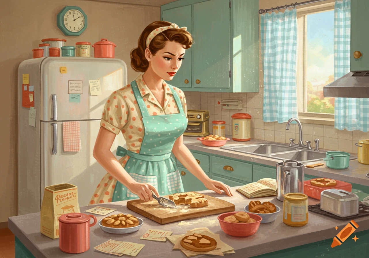 Illustration of a 1950s housewife in a mint green and polka dot dress baking in a vintage kitchen, cutting dough on a wooden board.