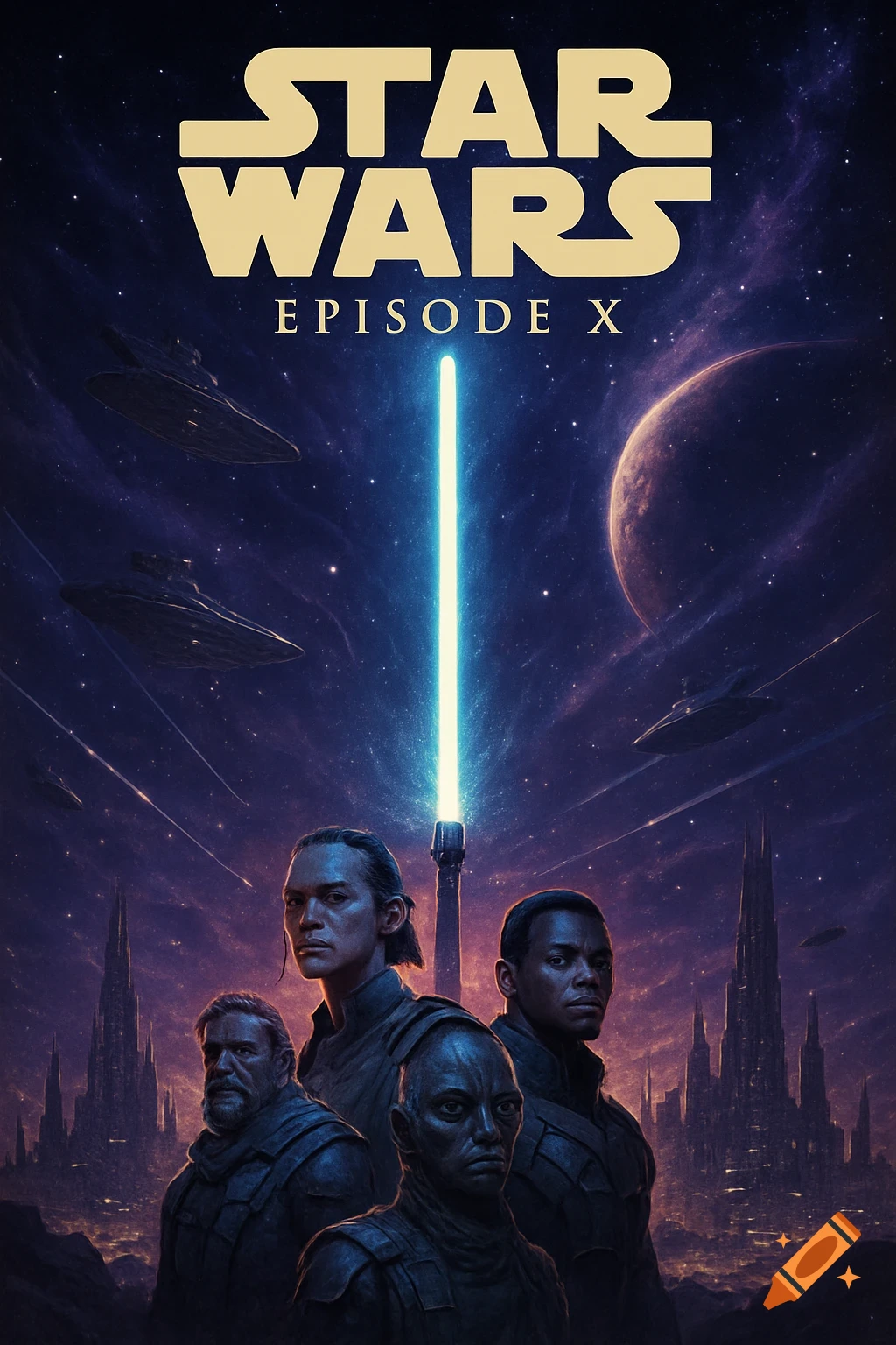 A Star Wars Episode X movie poster featuring characters, spaceships, a lightsaber, and a planet in a starry galaxy.