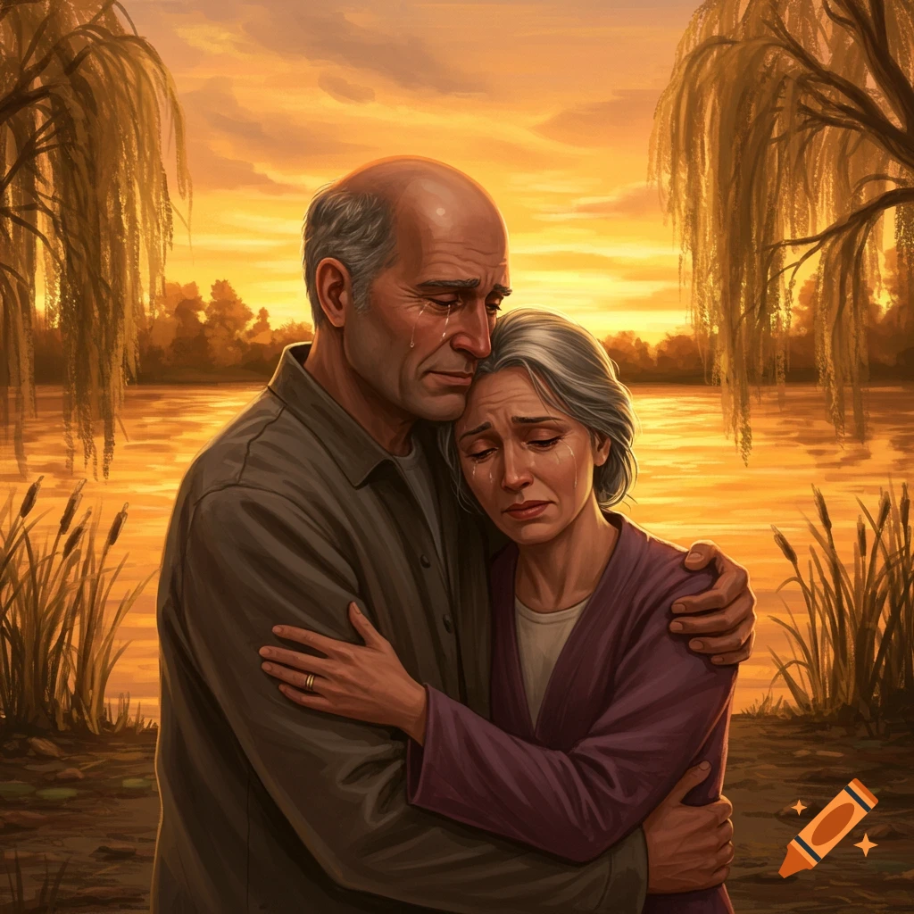 An older man embraces a crying woman by a lake at sunset in an emotional illustration.