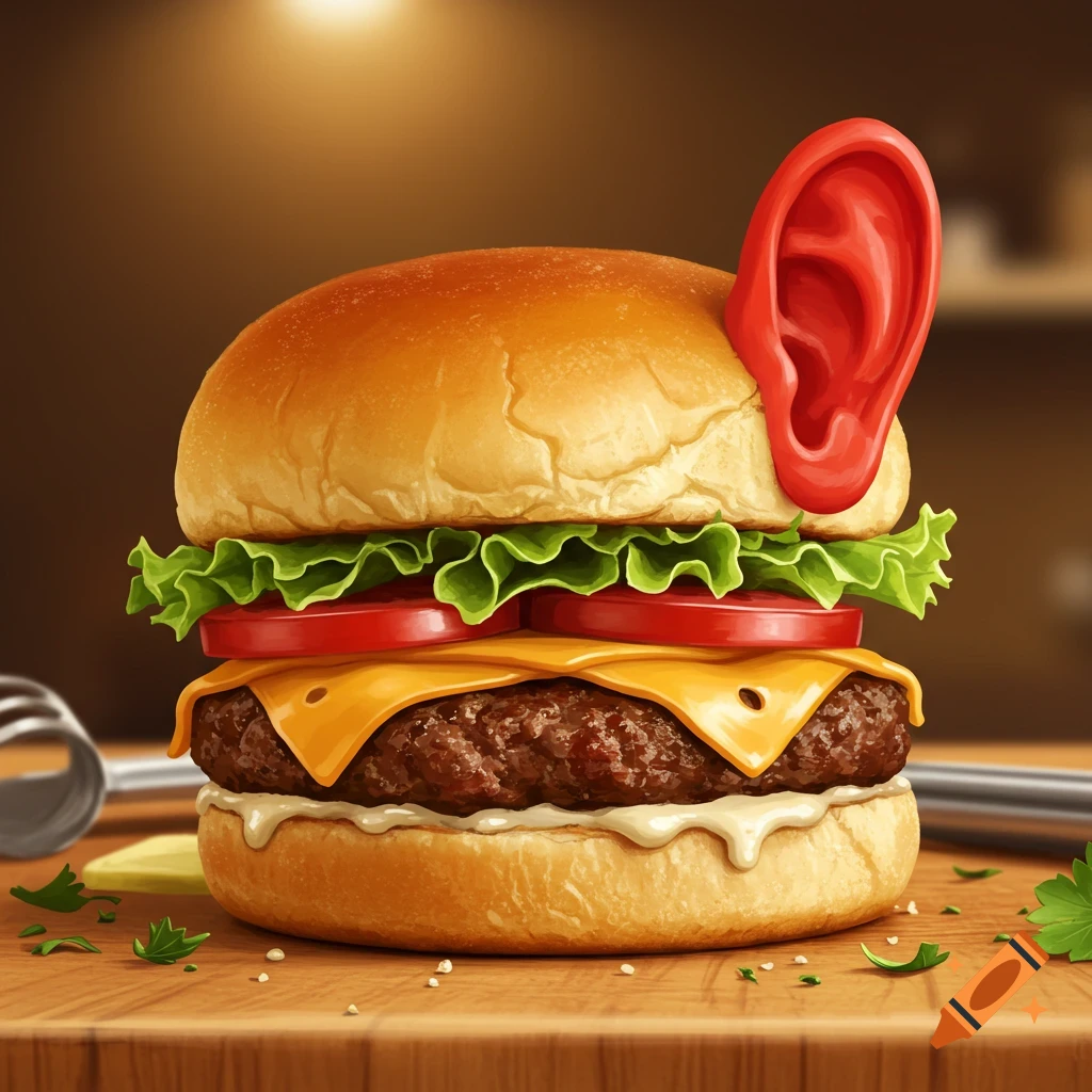 A photorealistic burger with a large red human ear sticking out of the top bun.