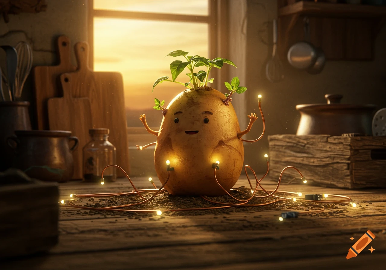A cute, whimsical potato character with sprouts, small arms, and glowing lights connected by wires sits on a wooden kitchen counter at sunset.