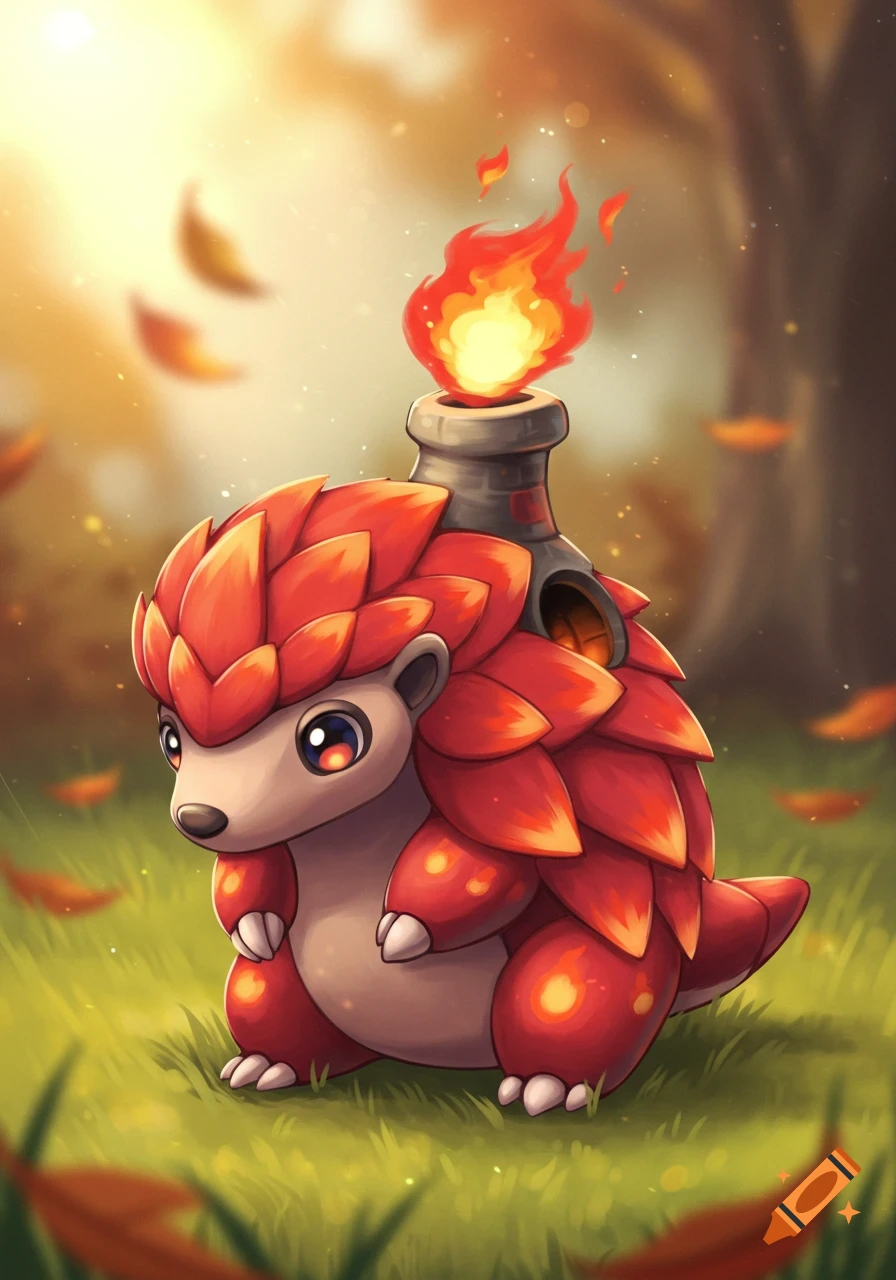 A cute, red pangolin-like creature with fire coming from a chimney on its back, sitting in a grassy field with autumn leaves.
