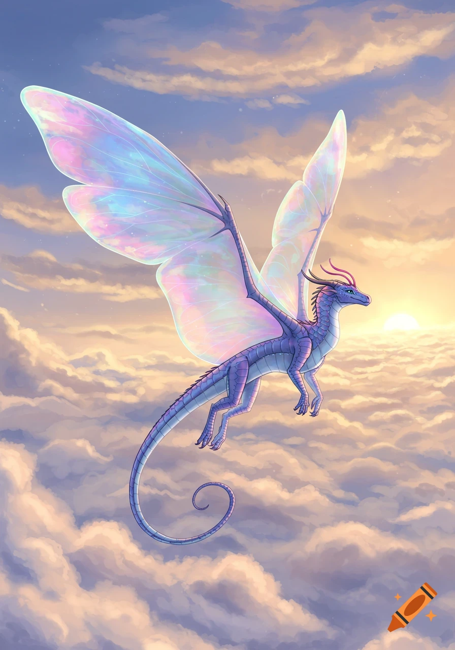 A blue dragon with iridescent, transparent wings flies gracefully above clouds against a sunrise sky in a vibrant illustration.