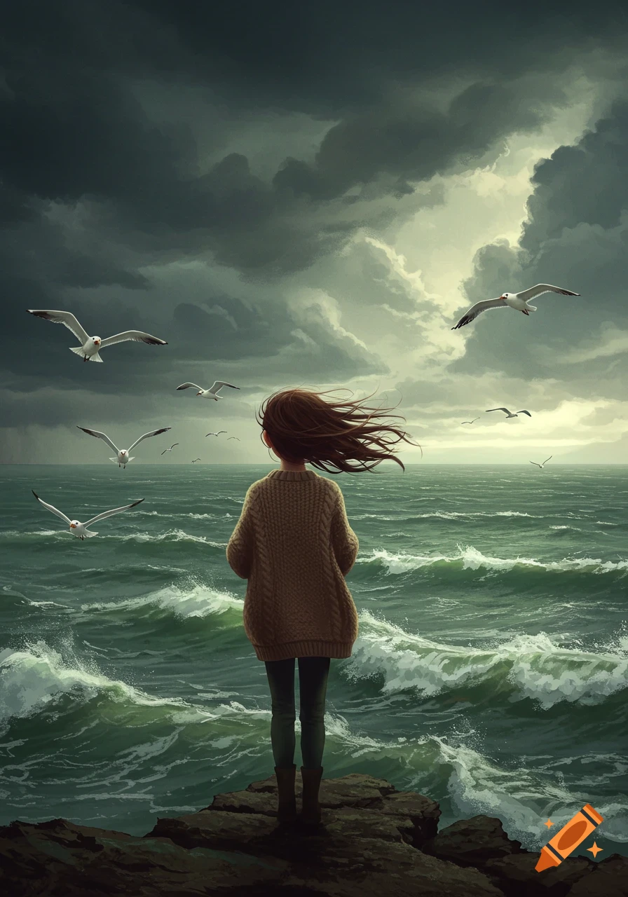 A girl with flowing brown hair in a brown sweater stands on a rocky shore, facing a stormy green sea under dark clouds with seagulls flying.