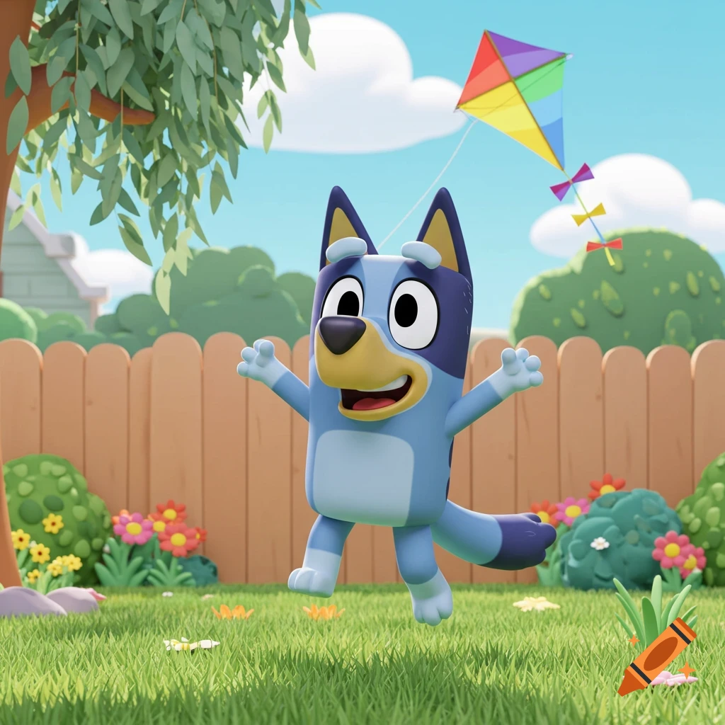 Bluey, the blue cartoon dog, jumps in a green backyard under a blue sky with a colorful kite, in a 3D animation style.