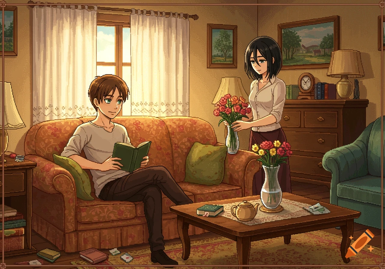 Eren reads a book on a sofa while Mikasa arranges flowers in a cozy pixel art anime living room.