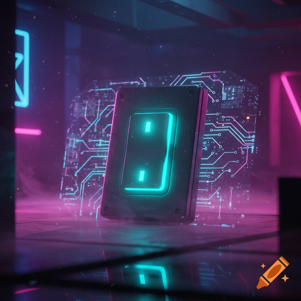 A futuristic black switch-like device with two glowing aqua-blue bars in a dark, neon-lit, cyberpunk room with circuit patterns.