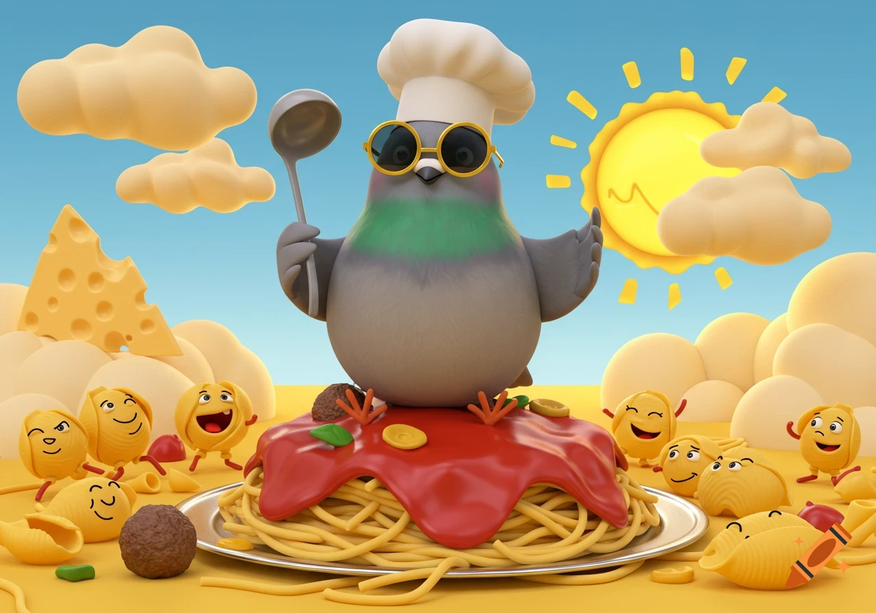 A cartoon pigeon chef in sunglasses and a chef's hat stands on a plate of spaghetti, surrounded by cheerful pasta characters in a vibrant 3D style.