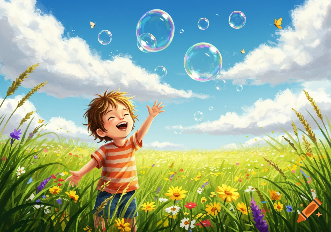 A cheerful boy reaches up for bubbles in a vibrant, sunlit field of colorful flowers and tall grass, in an illustrated style.