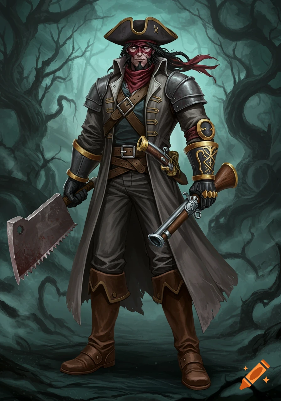 A male character, the Hunter, in a gray duster coat, tricorn hat, and red bandana, holding a saw cleaver and blunderbuss in a dark, gnarled forest.