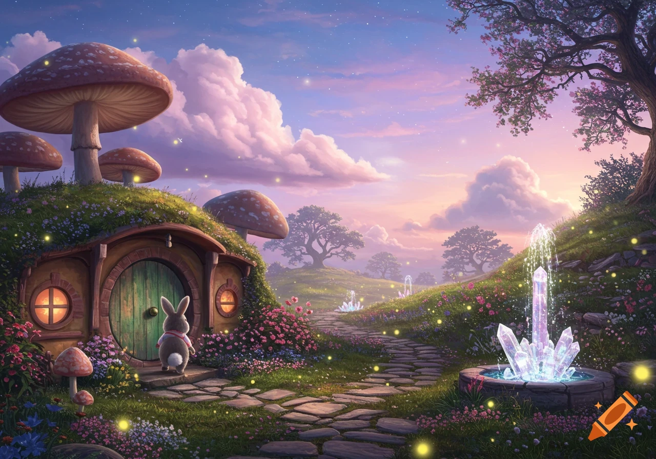 A cute bunny stands at the entrance of a mushroom house in a vibrant, magical landscape with glowing crystals and a pink-hued sky.