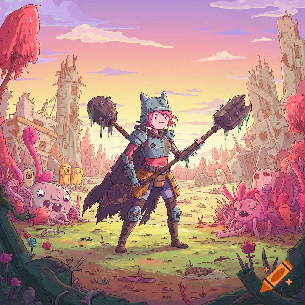 A pink-haired raider girl, in Adventure Time style, stands with two spiked mallets in a post-apocalyptic wasteland.
