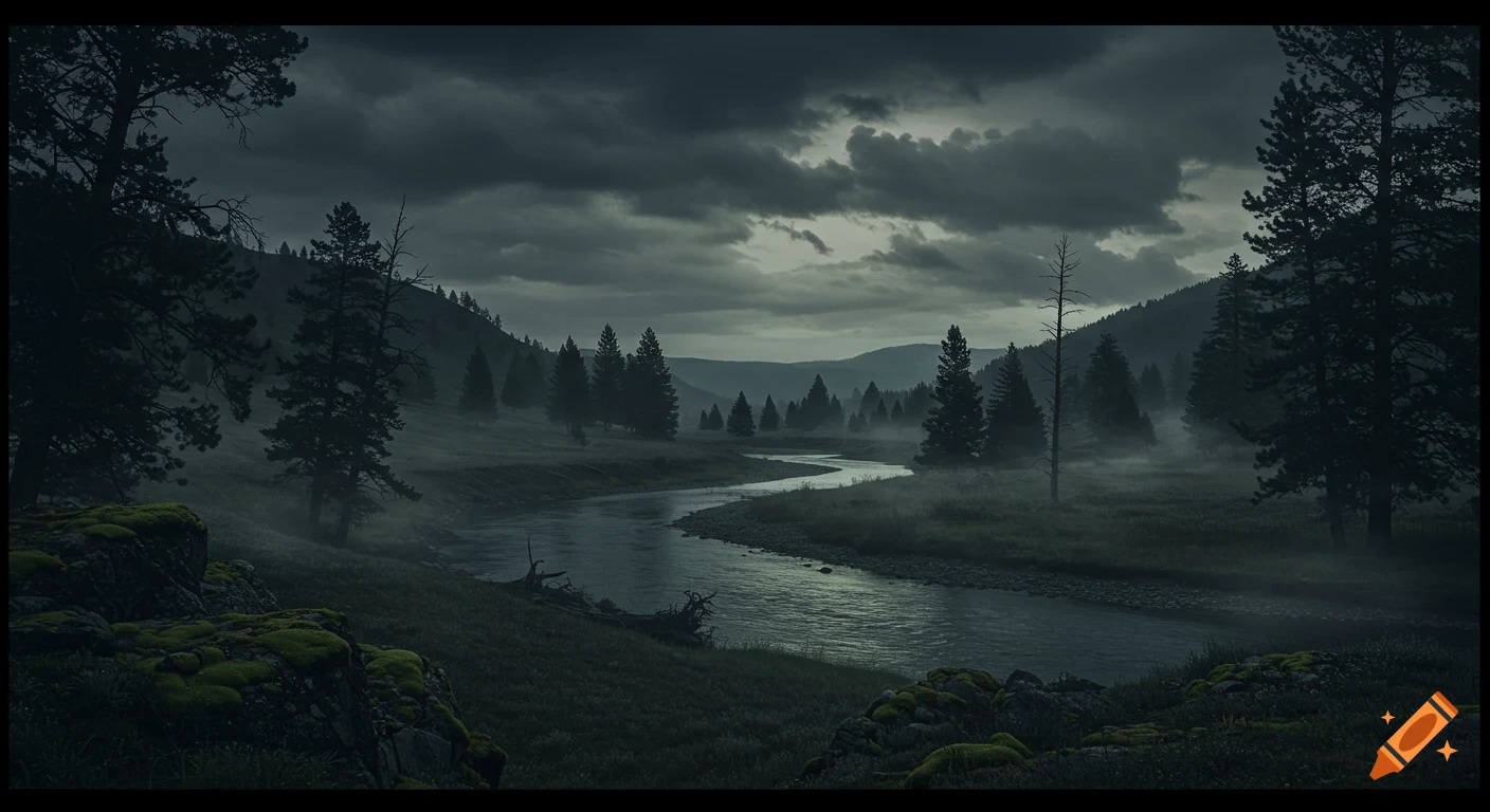 Dark, misty river valley with a winding river, pine trees, and mountains under a cloudy sky, photorealistic.