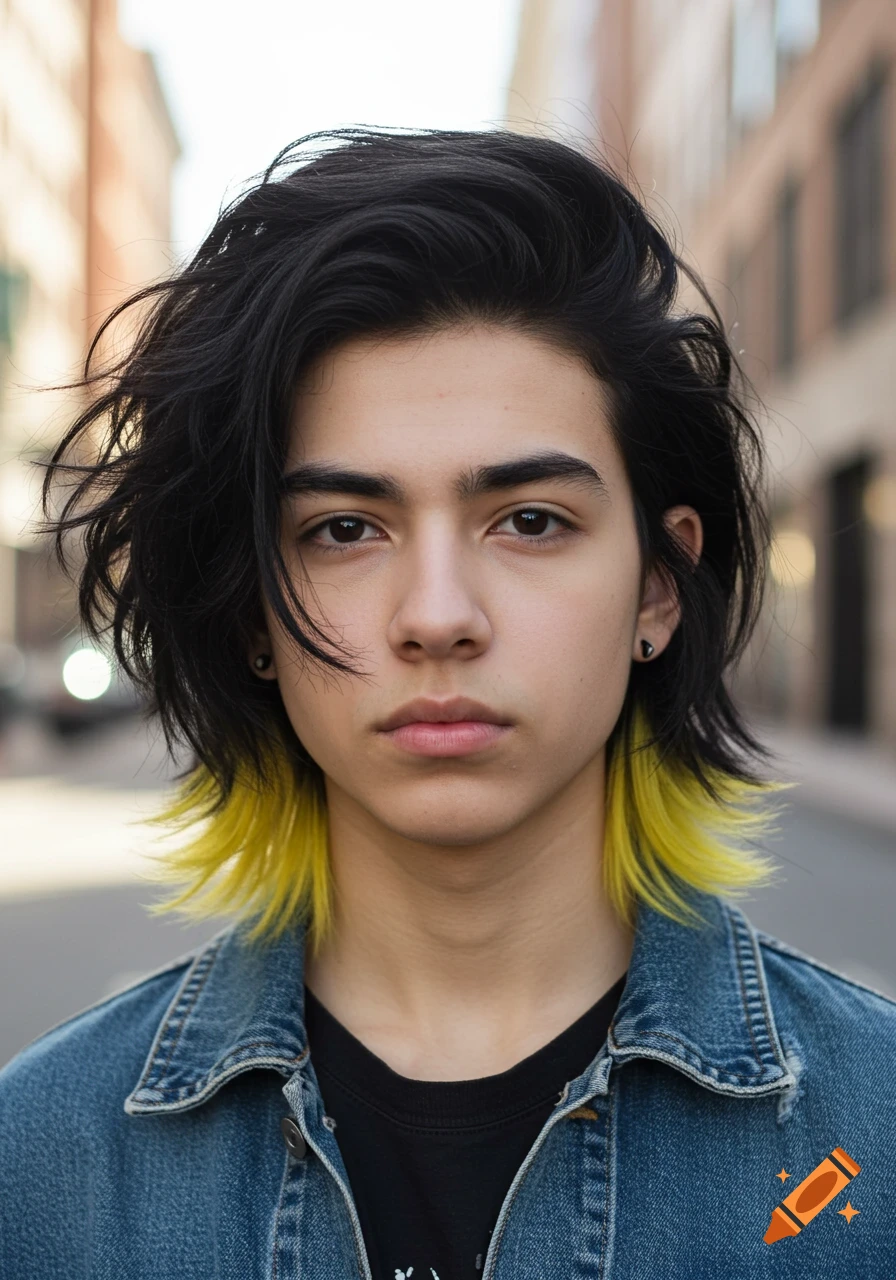 A photorealistic portrait of a young person with black hair and yellow-tipped ends, wearing a denim jacket, standing on a street.